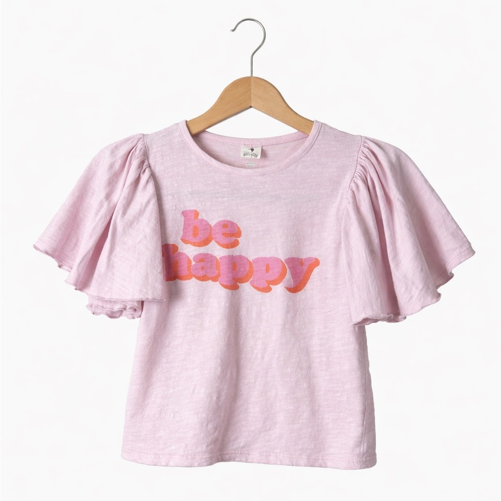 Stem Be Happy Pink Graphic Tee Girls Size 4 Flutter Sleeve Boho Cottagecore